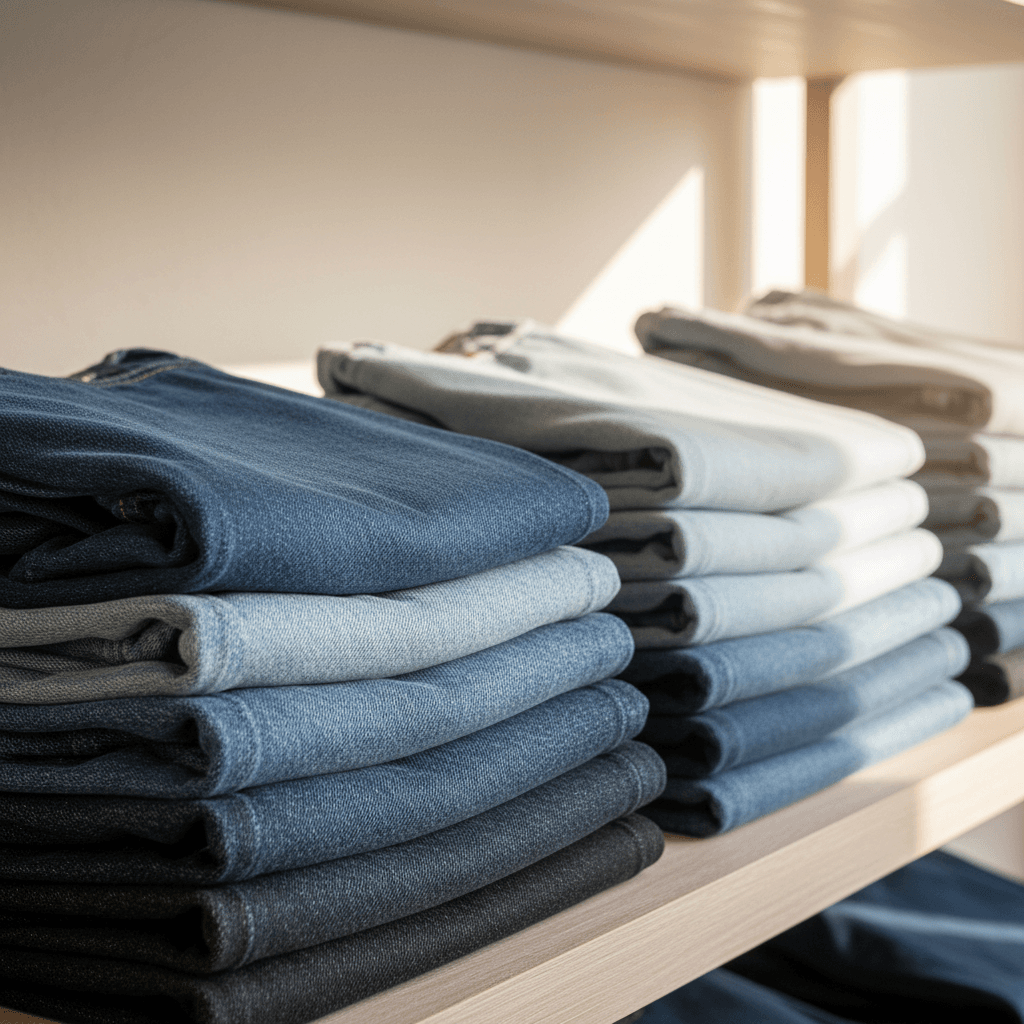 jeans stacked on a shelf in a Columbia clothing store