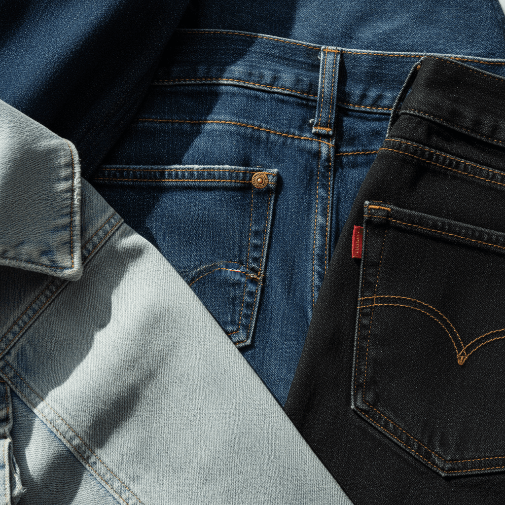 Detail of denim jeans fabric showing stitching and texture